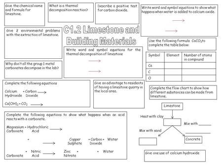 Give the chemical name and formula for limestone.