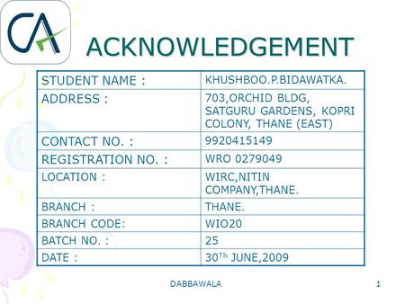 ACKNOWLEDGEMENT STUDENT NAME : ADDRESS :