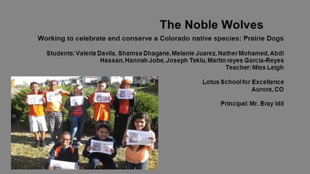 The Noble Wolves Working to celebrate and conserve a Colorado native species: Prairie Dogs Students: Valeria Davila, Shamsa Dhagane, Melanie Juarez, Nather.