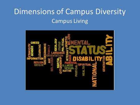 Dimensions of Campus Diversity Campus Living. Benefits of Diversity Helps develop worldly knowledge Improves social growth Prepares for work environment.