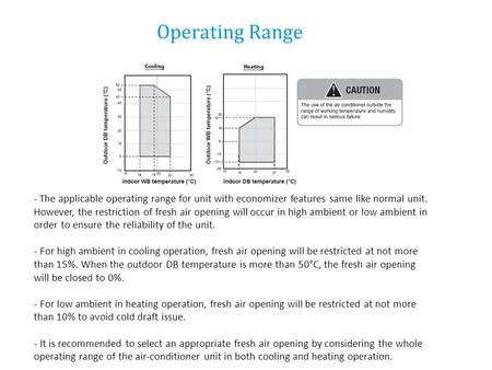 Operating Range - The applicable operating range for unit with economizer features same like normal unit. However, the restriction of fresh air opening.