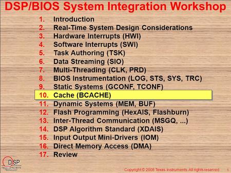 Copyright © 2008 Texas Instruments. All rights reserved. 1.Introduction 2.Real-Time System Design Considerations 3.Hardware Interrupts (HWI) 4.Software.