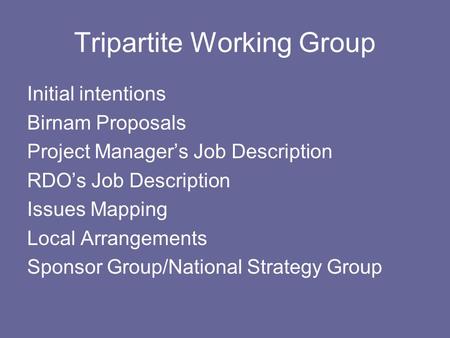 Tripartite Working Group Initial intentions Birnam Proposals Project Manager’s Job Description RDO’s Job Description Issues Mapping Local Arrangements.