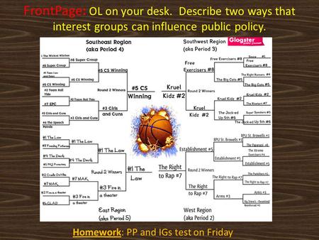 Homework: PP and IGs test on Friday FrontPage: OL on your desk. Describe two ways that interest groups can influence public policy.