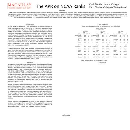 The APR on NCAA Ranks Introduction In 2004 the NCAA developed a new standard for its Division I colleges to follow: the Academic Progress Rate, or APR.