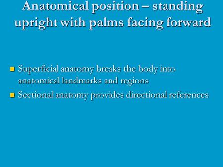 Anatomical position – standing upright with palms facing forward