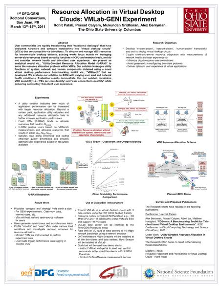 Resource Allocation in Virtual Desktop Clouds: VMLab-GENI Experiment Rohit Patali, Prasad Calyam, Mukundan Sridharan, Alex Berryman The Ohio State University,