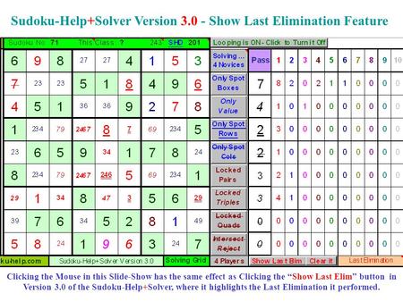 Clicking the Mouse in this Slide-Show has the same effect as Clicking the “Show Last Elim” button in Version 3.0 of the Sudoku-Help+Solver, where it highlights.