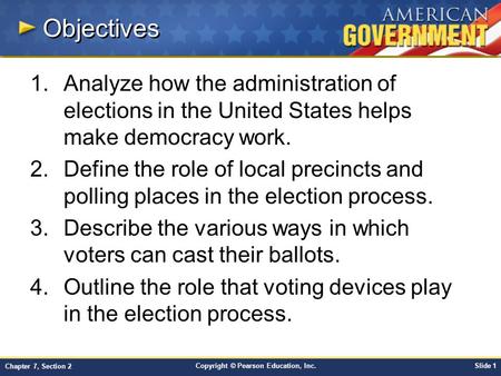 Objectives Analyze how the administration of elections in the United States helps make democracy work. Define the role of local precincts and polling places.