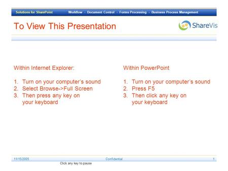 Solutions for SharePoint Workflow - Document Control - Forms Processing - Business Process Management Click any key to pause 11/15/2005Confidential1 Within.