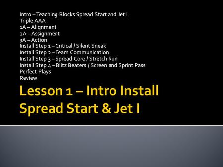 Intro – Teaching Blocks Spread Start and Jet I Triple AAA 1A – Alignment 2A – Assignment 3A – Action Install Step 1 – Critical / Silent Sneak Install Step.