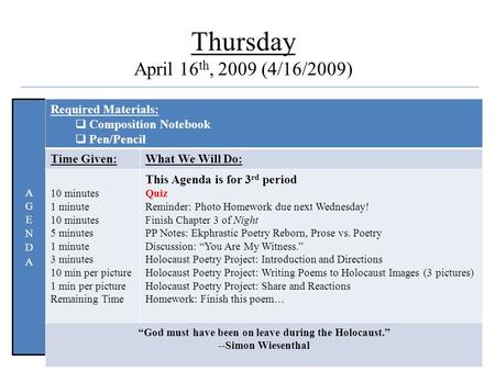 Quote Thursday April 16 th, 2009 (4/16/2009) Required Materials:  Composition Notebook  Pen/Pencil Time Given:What We Will Do: 10 minutes 1 minute 10.