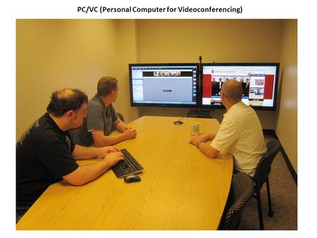 PC/VC (Personal Computer for Videoconferencing). Dual 52” LCD’s on Premier Mounts PSD-TS60 floor stand + UFA-XL dual TV bracket, PC and webcam USB-XLR.