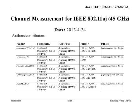 Doc.: IEEE 802.11-12/1361r3 Submission Channel Measurement for IEEE 802.11aj (45 GHz) Date: 2013-4-24 Authors/contributors: Haiming Wang (SEU)Slide 1.