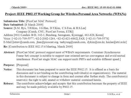 Doc.: IEEE 802. 15-09-0142-01-0006 Submission Slide1 S.M.Ryu, et al Project: IEEE P802.15 Working Group for Wireless Personal Area Networks (WPANs) Submission.