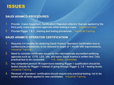 ISSUES SAUDI ARAMCO PROCEDURES SAUDI ARAMCO OPERATOR CERTIFICATION