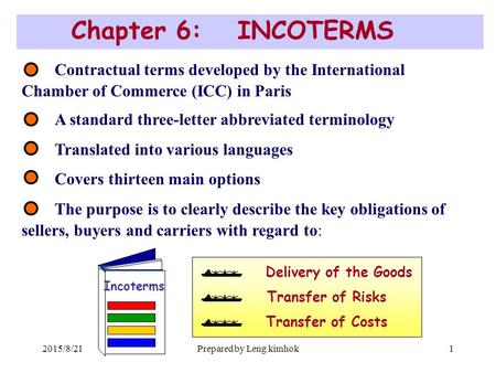 2015/8/21Prepared by Leng kimhok1 Contractual terms developed by the International Chamber of Commerce (ICC) in Paris A standard three-letter abbreviated.