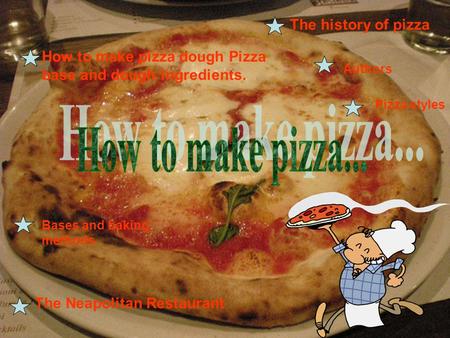 The history of pizza The Neapolitan Restaurant How to make pizza dough Pizza base and dough ingredients. Authors Pizza styles Bases and baking methods.