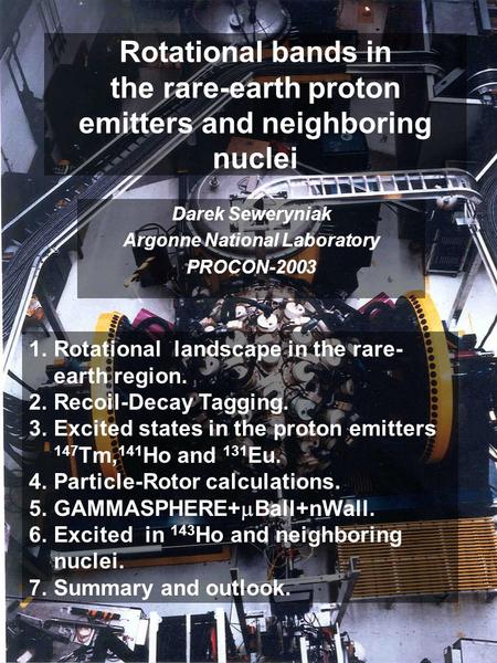 Rotational bands in the rare-earth proton emitters and neighboring nuclei Darek Seweryniak Argonne National Laboratory PROCON-2003 1.Rotational landscape.