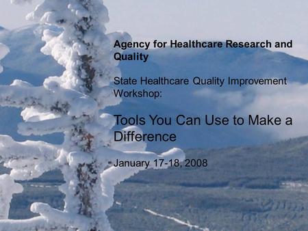 1 Agency for Healthcare Research and Quality State Healthcare Quality Improvement Workshop: Tools You Can Use to Make a Difference January 17-18, 2008.