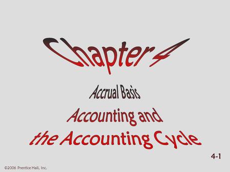 4-1 ©2006 Prentice Hall, Inc.. 4-2 ©2006 Prentice Hall, Inc. THE ACCTG INFO SYSTEM AND THE ACCTG CYCLE (1 of 2)  Learning objectives Learning objectives.