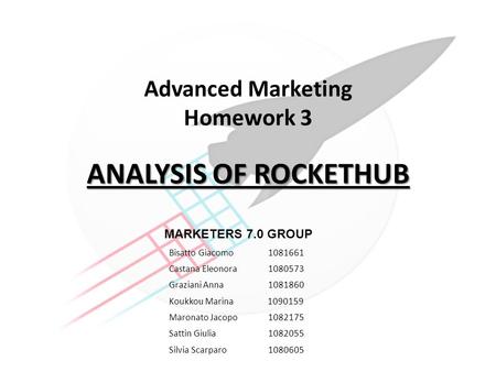 MARKETERS 7.0 GROUP Advanced Marketing Homework 3 ANALYSIS OF ROCKETHUB Bisatto Giacomo 1081661 Castana Eleonora 1080573 Graziani Anna 1081860 Koukkou.