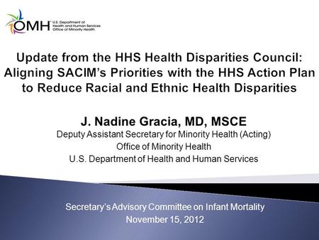 J. Nadine Gracia, MD, MSCE Deputy Assistant Secretary for Minority Health (Acting) Office of Minority Health U.S. Department of Health and Human Services.