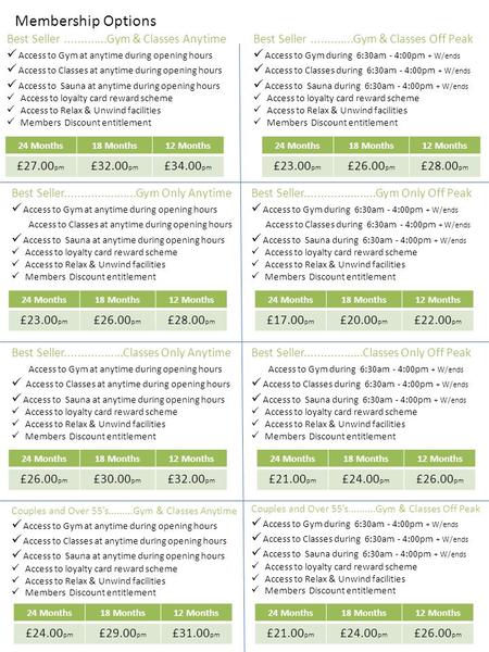 Membership Options Best Seller.............Gym & Classes Anytime Access to Gym at anytime during opening hours Access to Classes at anytime during opening.