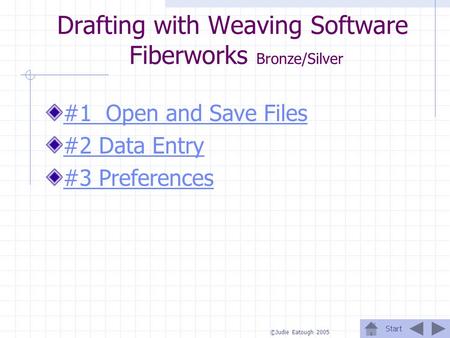 Start ©Judie Eatough 2005 Drafting with Weaving Software Fiberworks Bronze/Silver #1 Open and Save Files #2 Data Entry #3 Preferences.