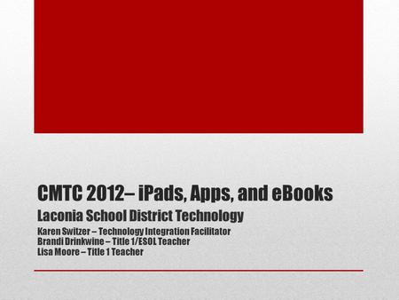 Laconia School District Technology Karen Switzer – Technology Integration Facilitator Brandi Drinkwine – Title 1/ESOL Teacher Lisa Moore – Title 1 Teacher.