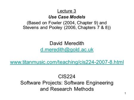 CIS224 Software Projects: Software Engineering and Research Methods