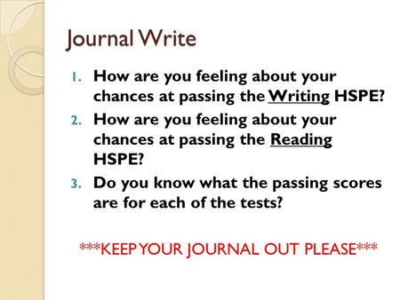 Journal Write 1. How are you feeling about your chances at passing the Writing HSPE? 2. How are you feeling about your chances at passing the Reading HSPE?