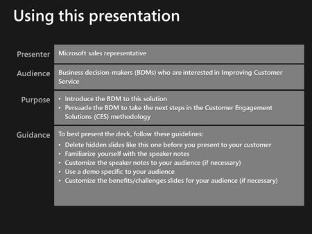 Presenter Microsoft sales representative Audience Business decision-makers (BDMs) who are interested in Improving Customer Service Purpose Introduce the.