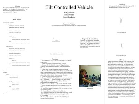 Tilt Controlled Vehicle Hardware In this project, I utilized two CY3209-ExpressEVK kits and one CY3214 PSoCEval USB kit. Software The source code for the.