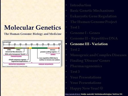 Introduction Basic Genetic Mechanisms Eukaryotic Gene Regulation The Human Genome Project Test 1 Genome I - Genes Genome II – Repetitive DNA Genome III.