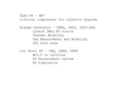 SLHC-PP – WP7 Critical Components for Injector Upgrade Plasma Generator – CERN, DESY, STFC-RAL Linac4 2MHz RF source Thermal Modeling Gas Measurement and.