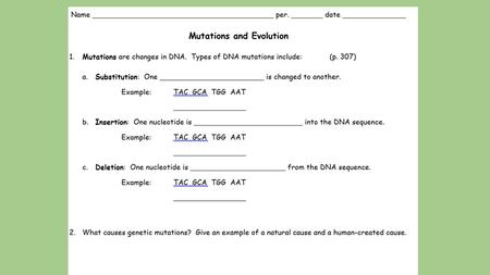 1.Mutations are changes in DNA. Types of DNA mutations include: (p. 307) substituted TAC GTA TGG AAT inserted TAT CGC ATG GAA T deleted TAG CAT GGA AT.