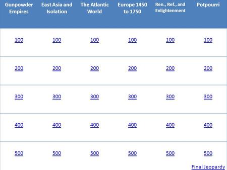 Gunpowder Empires East Asia and Isolation The Atlantic World Europe 1450 to 1750 Ren., Ref., and Enlightenment Potpourri 100 200 300 400 500 Final Jeopardy.