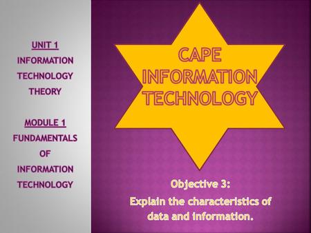  DEFINITION  Data are raw facts and figures relating to people, places, things and events.  CHARACTERISTICS  Unprocessed, unorganized and discrete.