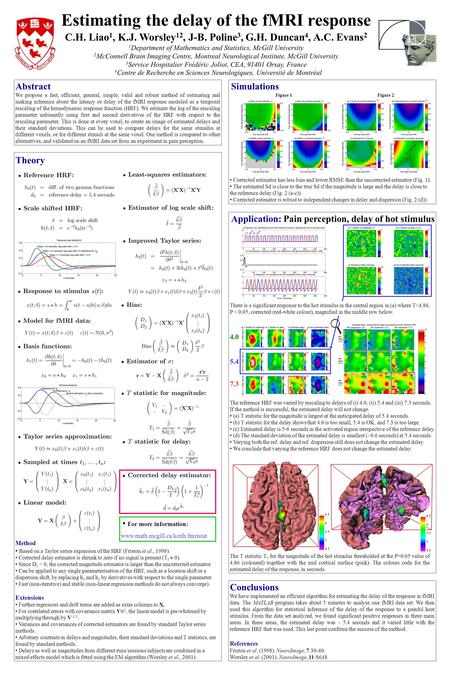 4.0 5.4 7.3 Estimating the delay of the fMRI response C.H. Liao 1, K.J. Worsley 12, J-B. Poline 3, G.H. Duncan 4, A.C. Evans 2 1 Department of Mathematics.