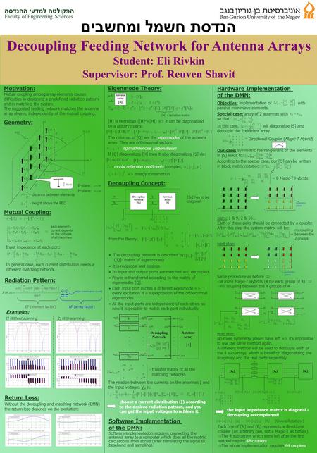 הנדסת חשמל ומחשבים Decoupling Feeding Network for Antenna Arrays Student: Eli Rivkin Supervisor: Prof. Reuven Shavit הפקולטה למדעי ההנדסה Faculty of Engineering.