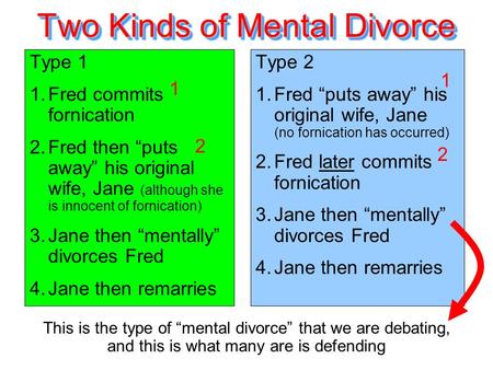 Two Kinds of Mental Divorce Type 1 1.Fred commits fornication 2.Fred then “puts away” his original wife, Jane (although she is innocent of fornication)