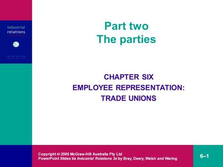 Copyright  2005 McGraw-Hill Australia Pty Ltd PowerPoint Slides t/a Industrial Relations 3e by Bray, Deery, Walsh and Waring 6–1 Part two The parties.