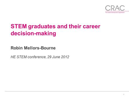 1 STEM graduates and their career decision-making Robin Mellors-Bourne HE STEM conference, 29 June 2012.