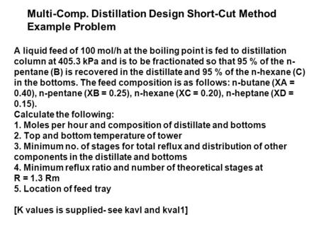 Multi-Comp. Distillation Design Short-Cut Method Example Problem