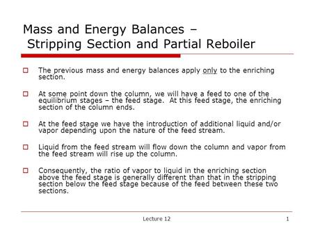 Mass and Energy Balances – Stripping Section and Partial Reboiler