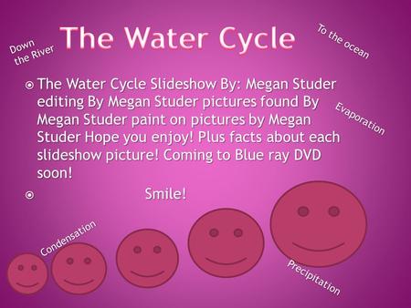  The Water Cycle Slideshow By: Megan Studer editing By Megan Studer pictures found By Megan Studer paint on pictures by Megan Studer Hope you enjoy!