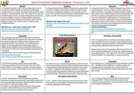 MOUNT PLEASANT PRIMARY SCHOOL Y3 Summer 1, 2015 MATHS In This term in Maths, Year 3 will be continuing to work on mental and written methods for adding.