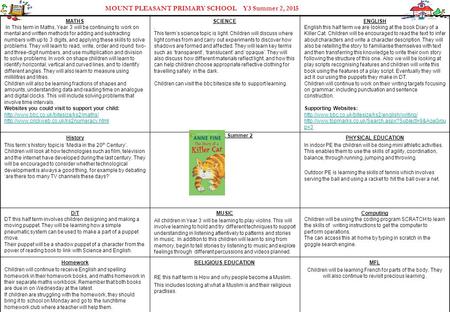MOUNT PLEASANT PRIMARY SCHOOL Y3 Summer 2, 2015 MATHS In This term in Maths, Year 3 will be continuing to work on mental and written methods for adding.