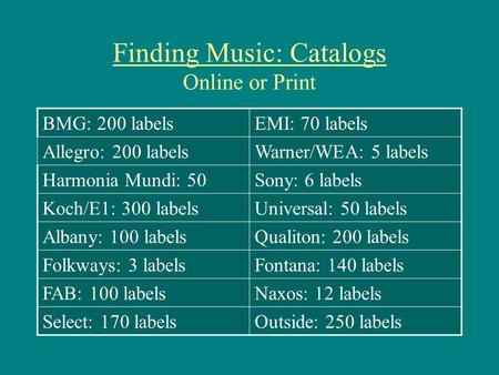 Finding Music: Catalogs Online or Print BMG: 200 labelsEMI: 70 labels Allegro: 200 labelsWarner/WEA: 5 labels Harmonia Mundi: 50Sony: 6 labels Koch/E1: